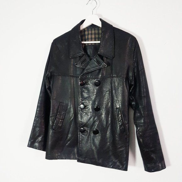 1970s Vintage Black Leather Jacket, Size S/M, Black Notched Collar - Picture 1 of 10